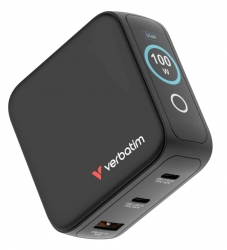Verbatim Mini GaN Charger 100W With Display Compact 3-port Wall Charger With Usb-c® Power Delivery And Quick Charge 3.0 30242