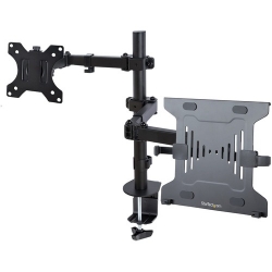 StarTech.com Monitor Arm with VESA Laptop Tray, For a Laptop & Single Display up to 32" , Adjustable Desk Laptop Arm Mount, C-clamp/Grommet - This black monitor and laptop mount for desk allows fixing a laptop on the VESA laptop tray and up to a 32in  A2-