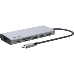 Belkin Connect USB Type C Docking Station for Notebook/Desktop PC/Workstation - Memory Card Reader - SD, microSD - Silver - 4K - 3840 x 2160 - 2 x USB Type-A Ports - USB Type-A - USB Type-C - Network (RJ-45) - HDMI - Thunderbolt - Wired - 2.5 Gigabit  INC