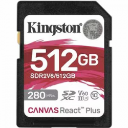 Kingston Canvas React Plus 512 GB Class 10/UHS-II (U3) V60 SDXC - 280 MB/s Read - 150 MB/s Write SDR2V6/512GB