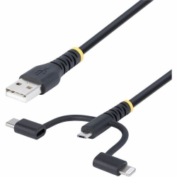 StarTech.com 3.3ft (1m) Rugged USB Multi Charging Cable, USB to Lightning/Micro-USB/Type-C, Apple MFi, Aramid Jacket, 3-in-1 Charger Cord - 3-in-1 Rugged USB Cable compatible w/portable devices; Apple MFi Certified Lightning; Supports USB-C and Micro-USB