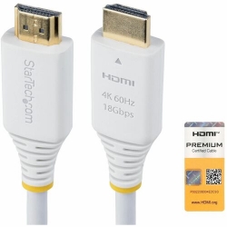 StarTech.com 10ft (3m) Premium Certified High Speed HDMI Cable, 4K 60Hz/1440p 144Hz, 18Gbps, UHD HDMI 2.0 Cord, TPE Jacket, White - Premium Certified High Speed HDMI Cable supports 4K60Hz w/HDR10/HDCP 2.2/ARC; Connector markings for quick visual identifi