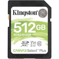Kingston Canvas Select Plus SDS2 512 GB Class 10/UHS-I (U3) SDXC - 1 Pack - 100 MB/s Read - 85 MB/s Write SDS2/512GB