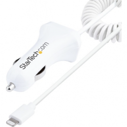 StarTech.com Lightning Car Charger with Coiled Cable, 1m Built-in Cable, 12W, White, 2 Port USB Car Charger Adapter, In Car iPhone Charger - Dual USB car charger charges two mobile devices up to 2.1A simultaneously; Built-in coiled Lightning cable pro USB