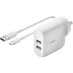 Belkin BOOST?CHARGE 24 W AC Adapter - USB - For Smartphone, Tablet PC, Power Bank - 4.80 A Output - White WCE001AU1MWH