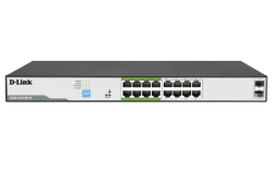 Dlink 18-Port Gigabit PoE Switch with 16 PoE+ Ports (8 Long Reach 250m) and 2 Uplinks with Combo SFP. PoE budget 150W. DGS-F1018P-E