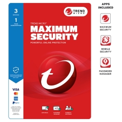 Trend Micro Maximum Security - 3 Device - 1 Year Subscription - Auto Renewal - For Individual Resale - Ransomware Protection - Pay Guard - System Optimizer - Social Media Protection - Secures Mobile Devices - Password Manager - Dark Web Monitoring - P TIC