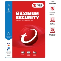 Trend Micro Maximum Security - 3 Device - 2 Year Subscription - Auto Renewal - For Individual Resale - Ransomware Protection - Pay Guard - System Optimizer - Social Media Protection - Secures Mobile Devices - Password Manager - Dark Web Monitoring - P TIC