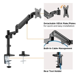 Brateck Single Monitor Heavy-Duty Aluminum Gas Spring Monitor Arm Fit Most 17" - 35" Monitors Up To12kg Per Screen Vesa 75x75/100x100 LDT47-C012N