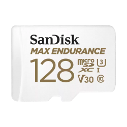 SanDisk MAX ENDURANCE microSDXC Card, SQQVR 128G, (60,000 Hrs), UHS-I, C10, U3, V30, 100MB/s R, 40MB/s W, SD adaptor, 10Y SDSQQVR-128G-GN6IA