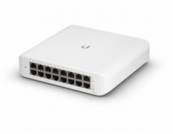 POE Switch: UniFi Switch Lite 16 PoE, Layer 2, 16x GbE RJ45 Ports, 8x 802.3at PoE+ Ports, 45W PoE Budget, Fanless Unit, Wallmount Kit Included