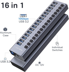 Acasis Hs-716Mg USB 3.2 Gen2 10Gbps 12V/8A 16 Port Usb-a + On/Off Switch With Ac Power Adapter For Pc & Laptop ELEACAHS716MG