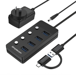 Simplecom CH345C SuperSpeed USB-A And USB-C To 4-Port USB 3.0 Hub 5Gbps Individual Switches And Power Adapter CH345C