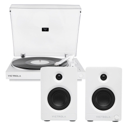 Victrola Automatic Turntable + Victrola Tempo Bookshelf Speakers Bundle - White VPT-800-WHT-BUN