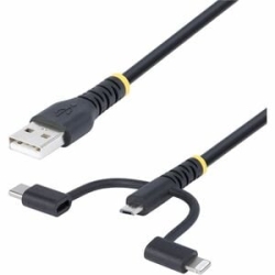 StarTech.com 3.3ft (1m) Rugged USB Multi Charging Cable, USB To Lightning/Micro-USB/Type-C, Apple MFi, Aramid Jacket, 3-in-1 Charger Cord - 3-in-1 Rugged USB Cable Compatible W/portable Devices; Apple MFi Certified Lightning; Supports USB-C And Micro-USB