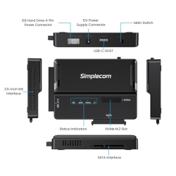 Simplecom SA539 USB To M.2/Sata/Ide 3-In-1 Adapter For 2.5"/3.5" Hdd & NVMe M.2 SSD With Power Supply SA539