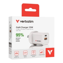**On Special** Verbatim 3 Port 65 Watt Portable GaN Charger, 2 X Usb-c Pd 65w, 1x Usb-a Qc 3.0, Gnc-65A Compact Design Apple, Android, Samsung, Google 67016