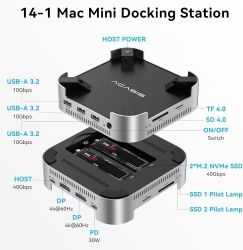 Acasis M001PRO 14-in-1 Mac Mini Docking Station USB4 40Gbps Dock Dual 4K60Hz DP NVMe SSD X 2, Usb-a X 3, DP X 2, Pd/Sd/Tf Built For High-Performance Workstations ELEACAM001PRO