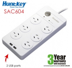 Huntkey Power Board (sac604) With 6 Sockets And 2 Usb Ports Psuhunsac604pbw