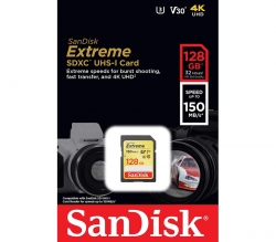 Sandisk 128GB Extreme SDXC, V30, U3, C10, UHS-I, 150MB/s R, 70MB/s W SDSDXV5-128G-GNCIN