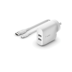 BELKIN 2 PORT WALL CHARGER, 12W, USB-A (2), BOOST CHARGE  WITH USB-A TO C CABLE (Wce001Au1Mwh)