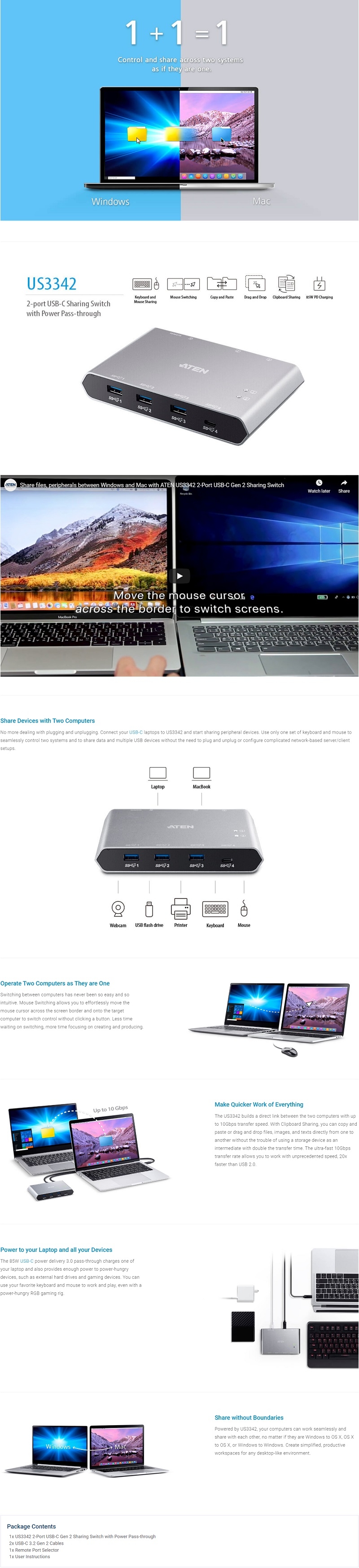 2-Port USB-C Gen 2 Sharing Switch with Power Pass-through - US3342