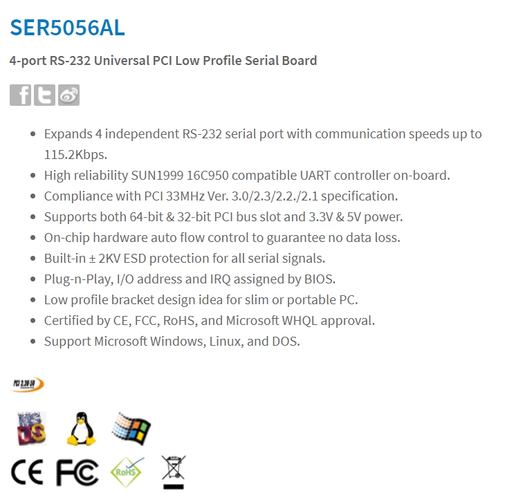 Sunix 4 Port Serial Pci Low Profile Lp Card Rs232 (Includes 4 X Spliter