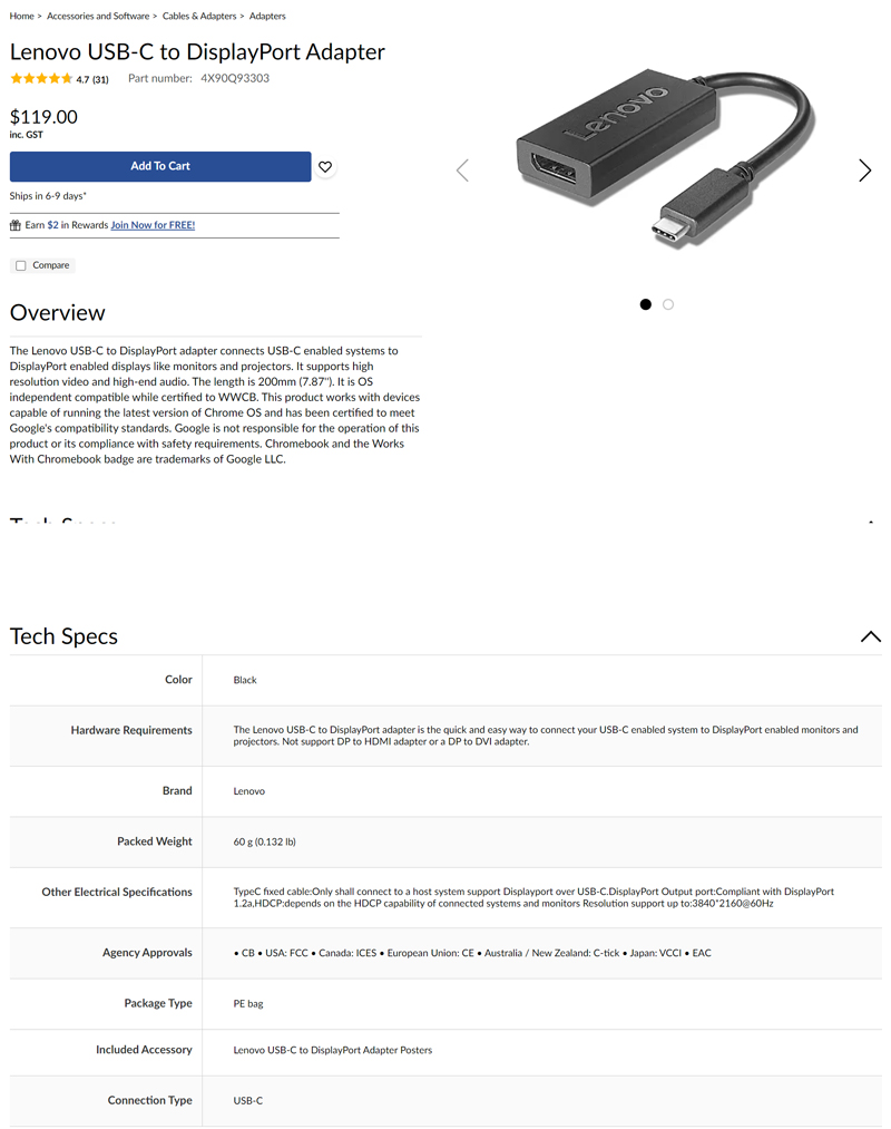 Lenovo USB-C to DisplayPort Adapter 4X90Q93303, 3840x2160, Connects USB ...