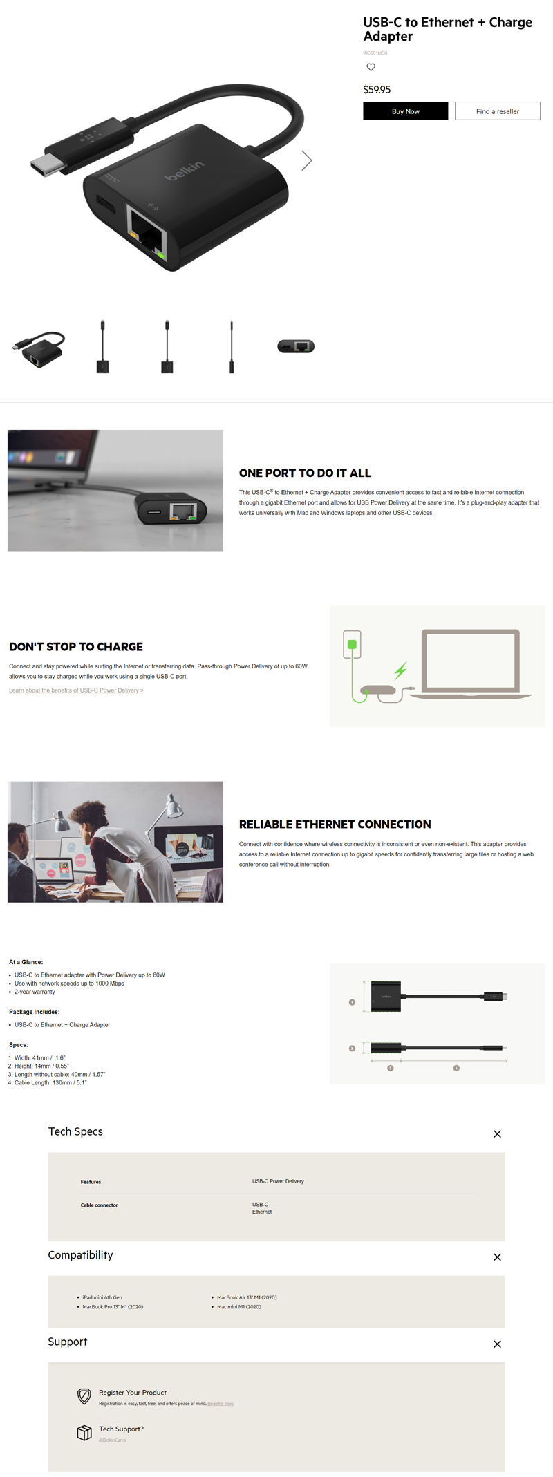 Belkin USBC to Adapter with 60W Power Delivery INC001BTBK